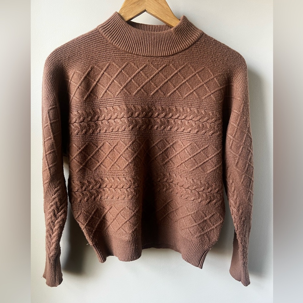 MAGASCHONI Cable Knit Sweater Dolman Soft Comfy Mock Neck Luxury Aran brown M‎